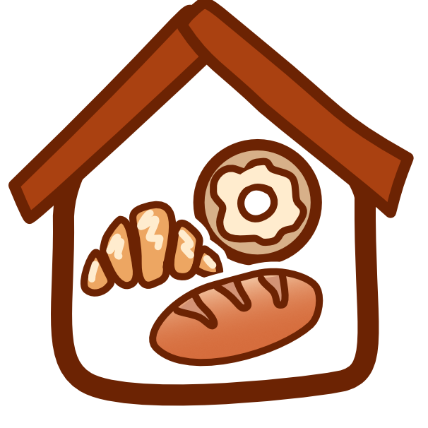 3 bakery items sit in a house-shaped frame. The house outline and roof are brown. Inside the house and nestled together are 3 bakery items. They are,  a croissant, a donut with white frosting, and a loaf of bread. The image has dark line art.